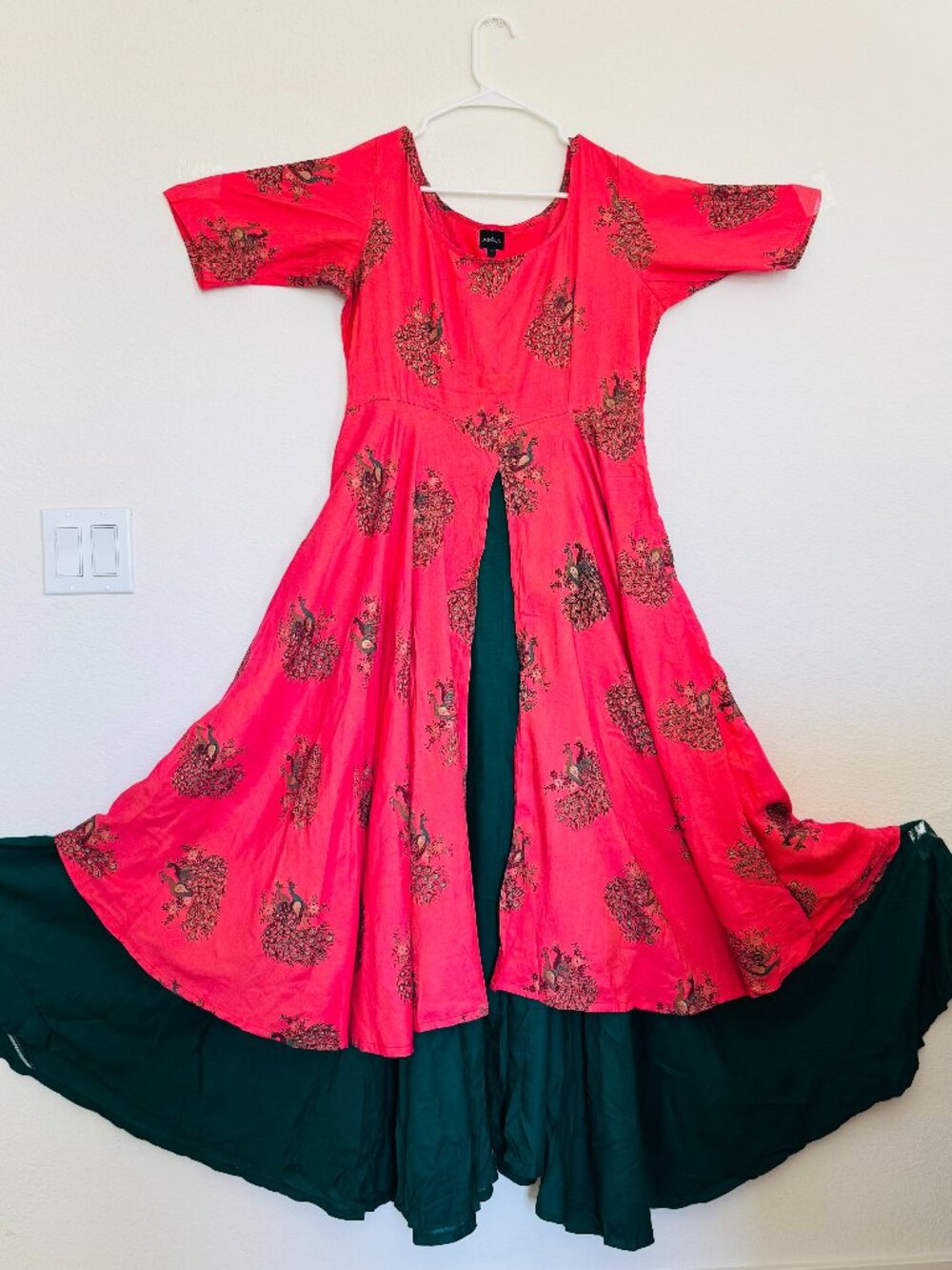 Indian Anarkali Dress Peacock Print Pink Green Size L